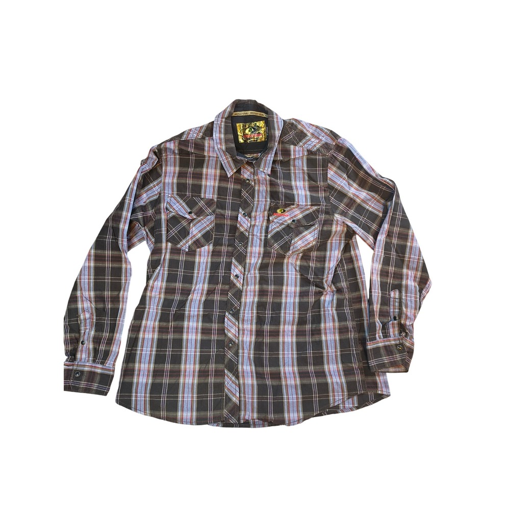 Mossy Oak Men Brown Blue Plaid Long Sleeve Western Snap Button Shirt Size XL
